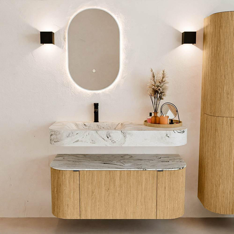 MONDIAZ THOR-DLUX Meuble de salle de bains 110cm arrondi gauche + droite couleur Oak avec 1 tiroir et 2 portes. Vasque suspendue CLOUD Gauche 1 trou de robinet couleur Glace. SW1462747