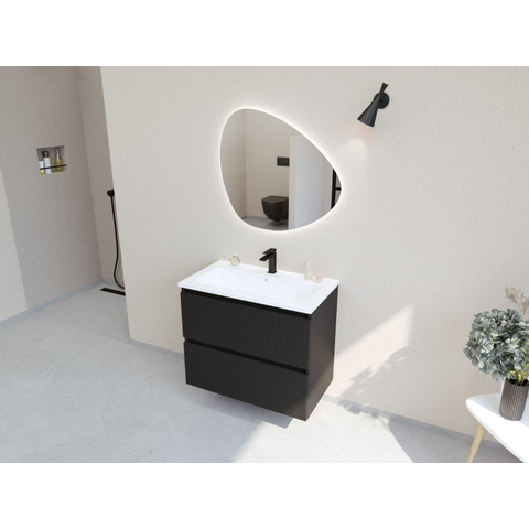 H&R Badmeubelen Infinity XXL 3D Badkamermeubelset - 80 cm - 1 keramische wasbak gala wit - 1 kraangat - 2 lades - mat zwart SW863450