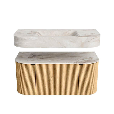 MONDIAZ THOR-DLUX 100cm meuble de salle de bains arrondi gauche + droite couleur Oak avec 1 tiroir et 2 portes. Vasque suspendue CLOUD Centre sans trou de robinet couleur Frappe. SW1467300