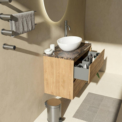 Saniclass Holz Pure Badkamermeubelset - 80x45x63cm - Noche natuurstenen topblad dark emperador - 1 kraangat - 2 lades - mat eiken natural (hout) SW1478285
