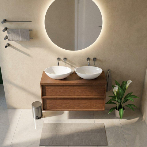 Saniclass Holz Frame Ensemble de meubles de salle de bains - 120x45x62cm - plan de travail en bois - sans trou de robinet - 2 tiroirs - walnut pure mat (bois) SW1580018