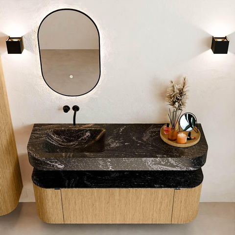 MONDIAZ THOR-DLUX 140cm meuble de salle de bains arrondi gauche + droite couleur Oak avec 1 tiroir et 2 portes. Vasque suspendue CLOUD gauche sans trou de robinet couleur Lava. SW1463910