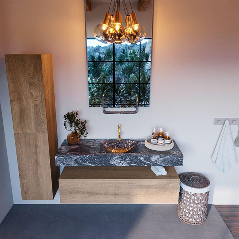 Mondiaz ALAN-DLUX Ensemble de meuble - 130cm - meuble Washed Oak mat - 1 tiroir - Lavabo Cloud Lava suspendu - vasque Centre - 1 trou de robinet SW808997