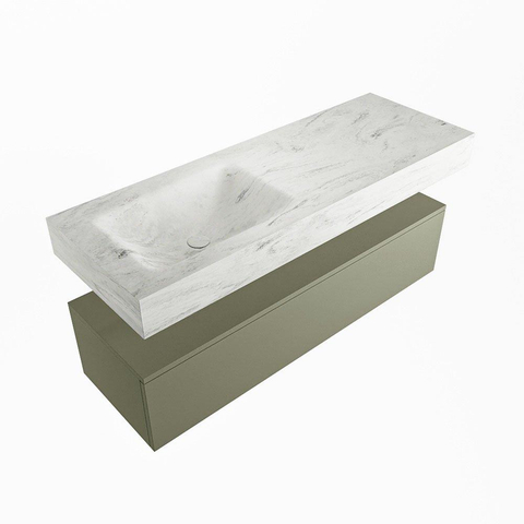 Mondiaz ALAN-DLUX Ensemble de meuble - 130cm - meuble Army mat - 1 tiroir - Lavabo Cloud Opalo suspendu - vasque Gauche - 0 trous de robinet SW806871