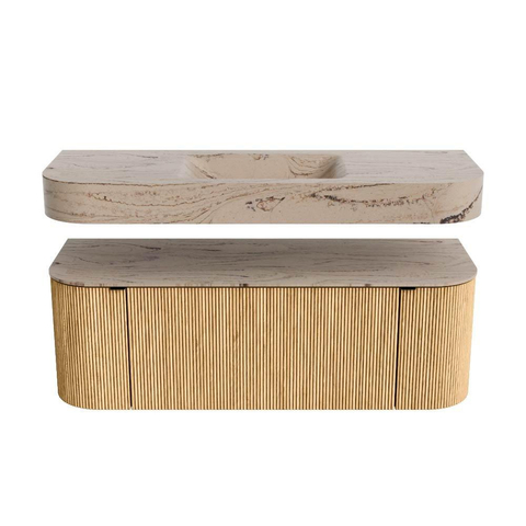 MONDIAZ THOR-DLUX Meuble de salle de bains 130cm arrondi gauche + droite couleur Oak avec 1 tiroir et 2 portes. Vasque suspendue CLOUD Milieu 1 trou de robinet couleur Arena. SW1463755