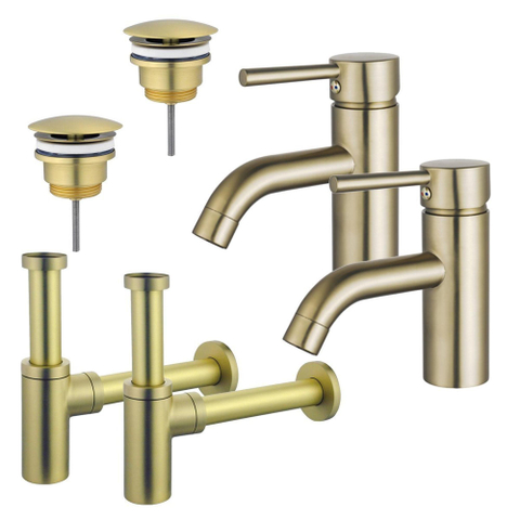 FugaFlow Eccelente Sobrado Kit robinet lavabo - pour double vasque - robinet bas - bonde non-obturable - siphon design - Laiton brossé PVD SW1124229