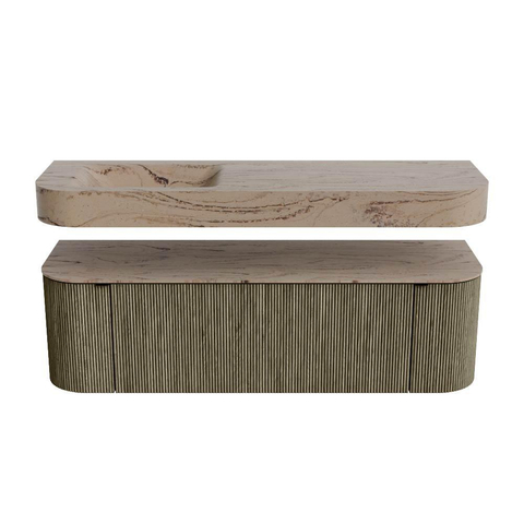 MONDIAZ THOR-DLUX 150cm meuble de salle de bains arrondi gauche + droite couleur Shadow avec 1 tiroir et 2 portes. Vasque suspendue CLOUD Gauche sans trou de robinet couleur Arena. SW1464773