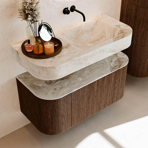 MONDIAZ THOR-DLUX 100cm meuble de salle de bains arrondi gauche + droite couleur Walnut avec 1 tiroir et 2 portes. Vasque suspendue CLOUD droite sans trou de robinet couleur Frappe. SW1467332