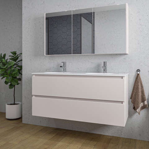 Saniclass Chaci Meuble de salle de bain - 120x46x55cm - lavabo en céramique blanc - 2 vasques ovales - 2 trous de robinet - 2 tiroirs - armoire miroir - mat cotton (beige) SW1182387