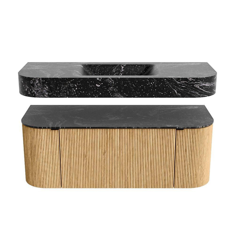 MONDIAZ THOR-DLUX 120cm badmeubel ronding links + rechts kleur Oak met 1 lade en 2 deuren. Vrijhangende wastafel CLOUD Midden zonder kraangat kleur Lava. SW1463097