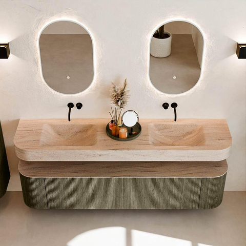 MONDIAZ THOR-DLUX Meuble de salle de bains 190cm arrondi gauche + droite couleur Shadow avec 2 tiroirs et 2 portes. Vasque suspendue CLOUD Double sans trou de robinet couleur Saba. SW1466694