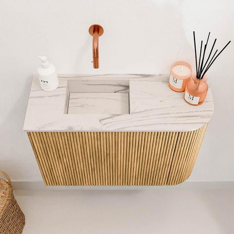 Mondiaz JOYA-DLUX 61.6cm toiletmeubel - ronding rechts kleur Oak - Wastafel FAYE positie Links Zonder kraangat kleur Nata. SW1424028