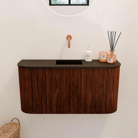 Mondiaz JOYA 83.2cm meuble de salle de bains - arrondi gauche et droite couleur Ruby - Vasque FAYE position Milieu Sans trou de robinet couleur Urban. SW1421857