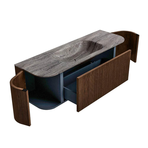 MONDIAZ KURVE-DLUX 140cm badmeubel ronding Links + Rechts kleur Walnut met 1 lade en 2 deuren. Wastafel BIG SMALL Midden zonder kraangat Oza. SW1432730