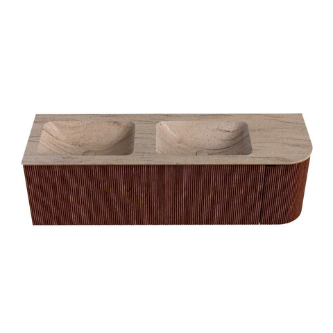 MONDIAZ KURVE-DLUX Meuble de salle de bains 145cm arrondi à droite couleur Ruby avec 1 tiroir et 1 porte. Lavabo LEAF Double / Gauche 2 trous de robinet Saba. SW1433497