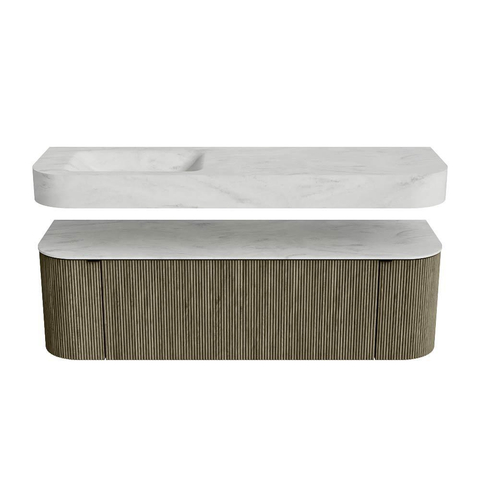 MONDIAZ THOR-DLUX 150cm badmeubel ronding links + rechts kleur Shadow met 1 lade en 2 deuren. Vrijhangende wastafel CLOUD Links zonder kraangat kleur Opalo. SW1464689
