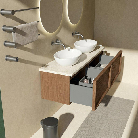 Saniclass Holz Frame Ensemble de meubles de salle de bains - 140x45x43cm - Plan de travail en pierre naturelle travertin - sans trou de robinetterie - 2 tiroirs - walnut pure mat (bois) SW1478891