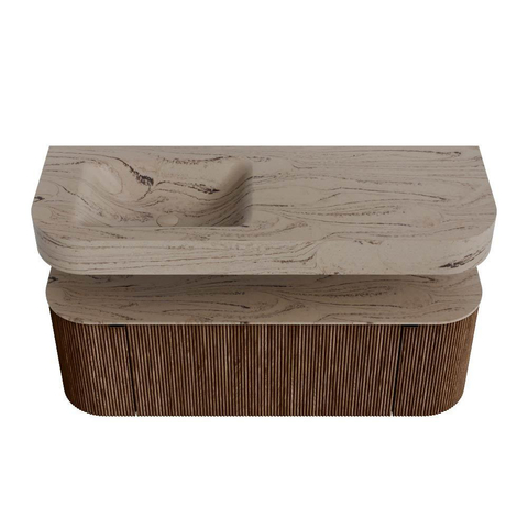 MONDIAZ THOR-DLUX 130cm meuble de salle de bains arrondi gauche + droite couleur Walnut avec 1 tiroir et 2 portes. Vasque suspendue CLOUD Gauche sans trou de robinet couleur Arena. SW1463770