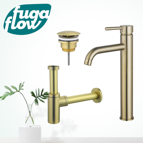 FugaFlow Eccelente Sobrado Kit mitigeur lavabo - robinet rehaussé - bonde nonobturable - siphon design - PVD Laiton brossé SW1124167