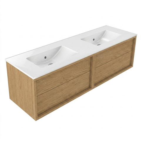 Saniclass Holz Frame Badkamermeubelset - 140x45x40cm - keramische wastafel wit - 2 wasbakken - zonder kraangaten - 2 lades - Eiken Natural SW1437760