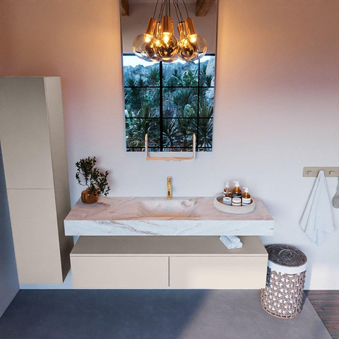 Mondiaz ALAN-DLUX Ensemble de meuble - 150cm - meuble Linen mat - 2 tiroirs - Lavabo Cloud Frappe suspendu - vasque Centre - 1 trou de robinet SW804850