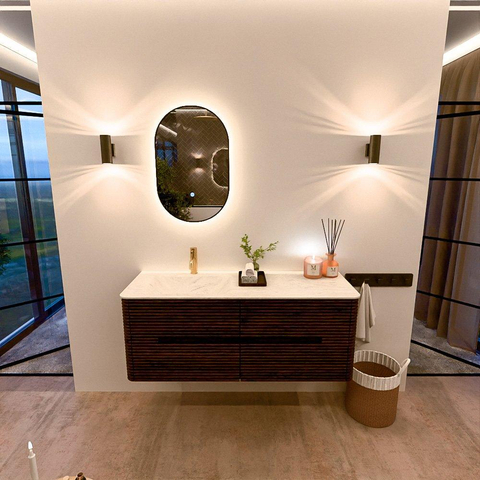 Mondiaz CIRO-DLUX Ensemble de meubles de salle de bains - 130x45x50cm - lavabo solid surface Opalo - 1 vasque à gauche - 1 trou de robinet - 4 tiroirs - Noyer SW1530503