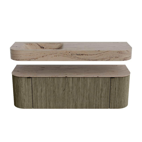 MONDIAZ THOR-DLUX 140cm meuble de salle de bains arrondi gauche + droite couleur Shadow avec 1 tiroir et 2 portes. Vasque suspendue CLOUD Gauche 1 trou de robinet couleur Arena. SW1464360