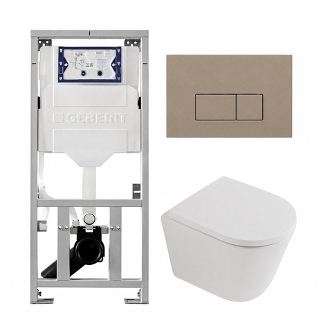 QeramiQ Dely Toiletset - 36.3x51.7cm - diepspoel - rimless - Geberit UP320 inbouwreservoir - softclose toilet zitting - 35mm - bedieningsplaat taupe - rechthoekige knoppen - mat wit SW1235376