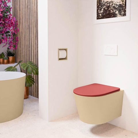 Mondiaz LAVIE hangtoilet – spoelrandloos – 36 x 53 cm – met softclose zitting – Sand (beige), zitting Fire (rood) SW1208783