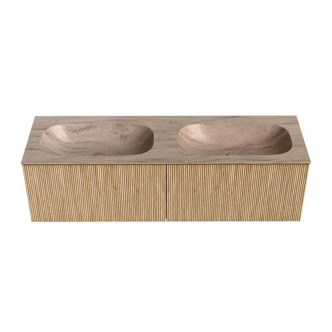 MONDIAZ KURVE-DLUX Meuble de salle de bains 150 cm couleur Oak avec 2 tiroirs et 0 porte. Lavabo STOR SMALL Double sans trou de robinet Saba. SW1433126