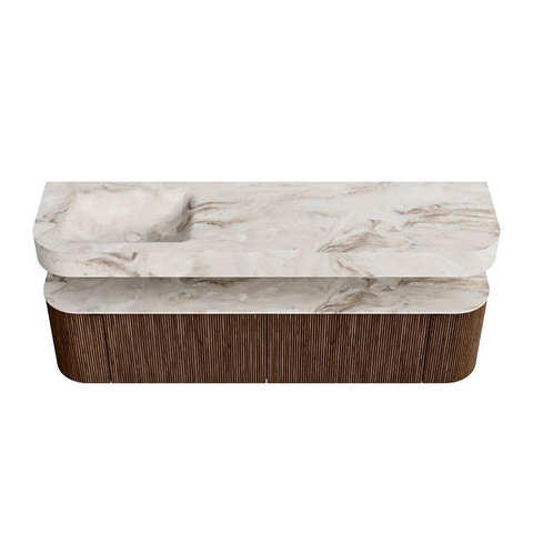 MONDIAZ THOR-DLUX 180cm badmeubel ronding links + rechts kleur Walnut met 2 lades en 2 deuren. Vrijhangende wastafel CLOUD Links zonder kraangat kleur Frappe. SW1465933