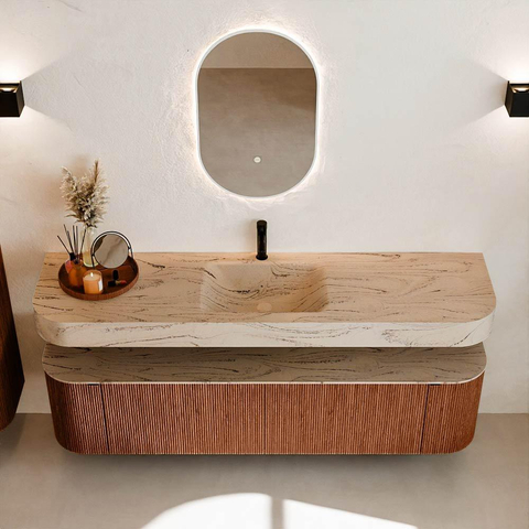 MONDIAZ THOR-DLUX 180cm meuble de salle de bains arrondi gauche + droite couleur Ruby avec 2 tiroirs et 2 portes. Vasque suspendue CLOUD Milieu 1 trou de robinet couleur Arena. SW1466133