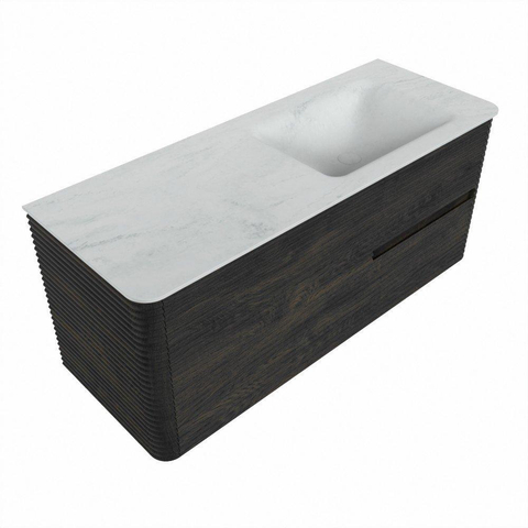 Mondiaz CIRO-DLUX Meuble de salle de bains - 120x45x50cm - Plan-vasque solid surface Opalo - 1 lavabo à droite - 1 trou de robinet - 2 tiroirs - Shadow SW1532401