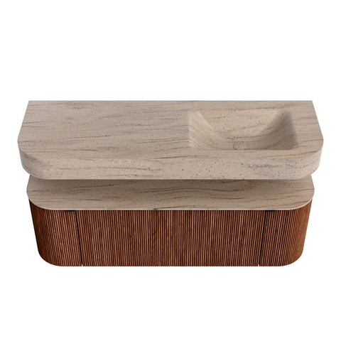 MONDIAZ THOR-DLUX 140cm meuble de salle de bains arrondi gauche + droite couleur Ruby avec 1 tiroir et 2 portes. Vasque suspendue CLOUD droite sans trou de robinet couleur Saba. SW1464320