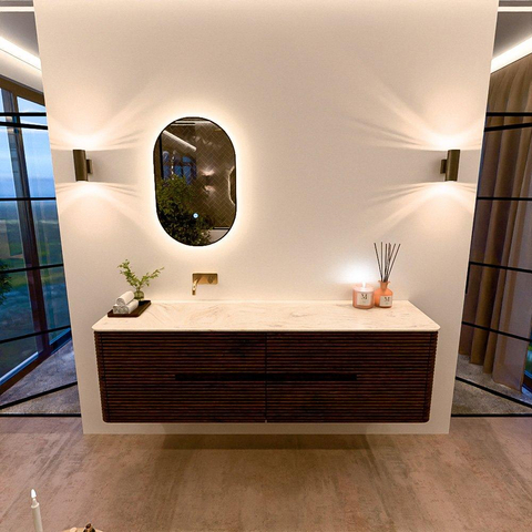 Mondiaz CIRO-DLUX Ensemble de meubles de salle de bains - 170x45x50cm - plan-vasque solid surface Ostra - 1 bassin à gauche - sans trous de robinet - 4 tiroirs - Noyer SW1530388