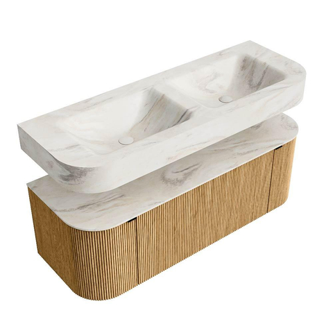 MONDIAZ THOR-DLUX Meuble de salle de bains 130cm arrondi gauche + droite couleur Oak avec 1 tiroir et 2 portes. Vasque suspendue CLOUD Double 2 trous de robinet couleur Ostra. SW1463563