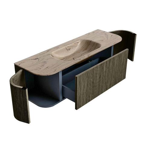 MONDIAZ KURVE-DLUX Meuble de salle de bains 140cm arrondi Gauche + Droite couleur Shadow avec 1 tiroir et 2 portes. Lavabo BIG SMALL Central 1 trou de robinet Arena. SW1431300
