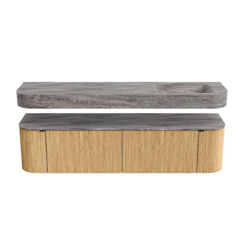 MONDIAZ THOR-DLUX 180cm meuble de salle de bains arrondi gauche + droite couleur Oak avec 2 tiroirs et 2 portes. Vasque suspendue CLOUD Droite sans trou de robinet couleur Oza. SW1466336