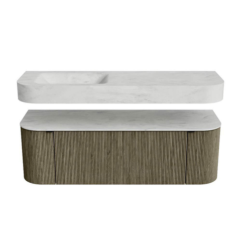 MONDIAZ THOR-DLUX 140cm badmeubel ronding links + rechts kleur Shadow met 1 lade en 2 deuren. Vrijhangende wastafel CLOUD Links 1 kraangat kleur Opalo. SW1464181