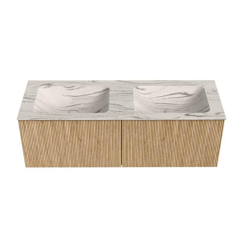 MONDIAZ KURVE-DLUX Meuble de salle de bains 130 cm couleur Oak avec 2 tiroirs et 0 portes. Lavabo LEAF Double 2 trous de robinet Nata. SW1432131