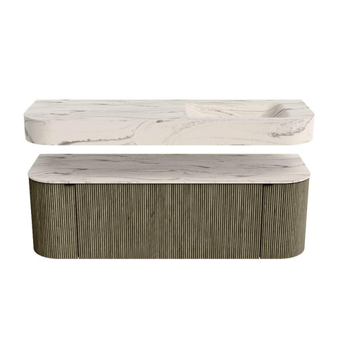 MONDIAZ THOR-DLUX 140cm meuble de salle de bains arrondi gauche + droite couleur Shadow avec 1 tiroir et 2 portes. Vasque suspendue CLOUD droite sans trou de robinet couleur Nata. SW1464487
