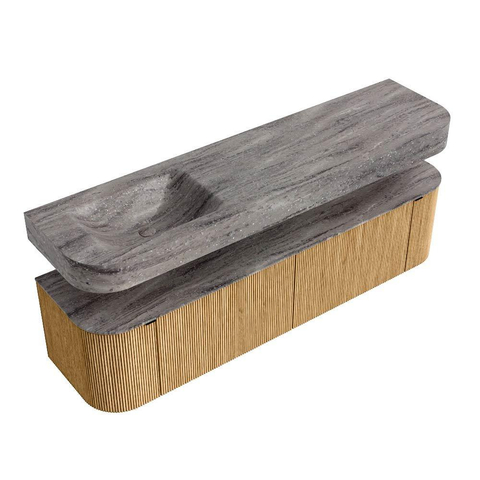 MONDIAZ THOR-DLUX 180cm badmeubel ronding links + rechts kleur Oak met 2 lades en 2 deuren. Vrijhangende wastafel CLOUD Links zonder kraangat kleur Oza. SW1466286