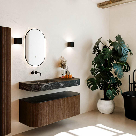 MONDIAZ THOR-DLUX 120cm meuble de salle de bains arrondi gauche + droite couleur Walnut avec 1 tiroir et 2 portes. Vasque suspendue CLOUD Gauche sans trou de robinet couleur Lava. SW1463231