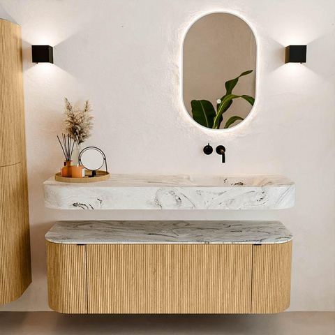 MONDIAZ THOR-DLUX 140cm badmeubel ronding links + rechts kleur Oak met 1 lade en 2 deuren. Vrijhangende wastafel CLOUD Rechts zonder kraangat kleur Glace. SW1463920