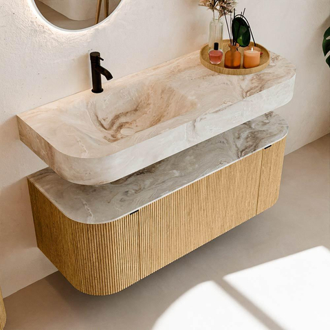 MONDIAZ THOR-DLUX 120cm badmeubel ronding links + rechts kleur Oak met 1 lade en 2 deuren. Vrijhangende wastafel CLOUD Links 1 kraangat kleur Frappe. SW1463064