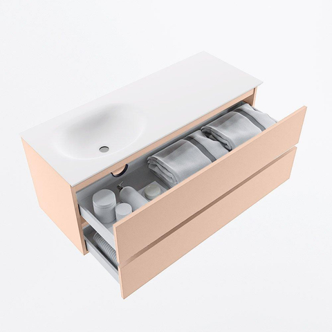 MONDIAZ VICA Ensemble meuble de salle de bains - 120cm - meuble sous-vasque rosee - 2 tiroirs - lavabo moon gauche - sans trous de robinet - version hauteur 60cm - talc SW1085106