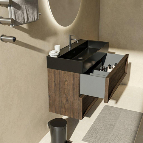 Saniclass Holz Frame Ensemble meuble de salle de bains - 100x45x72cm - Legend lavabo en céramique noir mat - 1 vasque - 1 trou de robinetterie - 2 tiroirs - chêne charcoal mat (bois) SW1580101