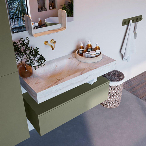 Mondiaz ALAN-DLUX Ensemble de meuble - 100cm - meuble Army mat - 1 tiroir - Lavabo Cloud Frappe suspendu - vasque Gauche - 0 trous de robinet SW805378