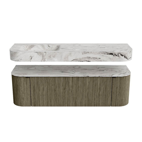 MONDIAZ THOR-DLUX 150cm badmeubel ronding links + rechts kleur Shadow met 1 lade en 2 deuren. Vrijhangende wastafel CLOUD Links 1 kraangat kleur Glace. SW1464685