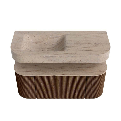 MONDIAZ THOR-DLUX 110cm badmeubel ronding links + rechts kleur Walnut met 1 lade en 2 deuren. Vrijhangende wastafel CLOUD Links 1 kraangat kleur Saba. SW1462994